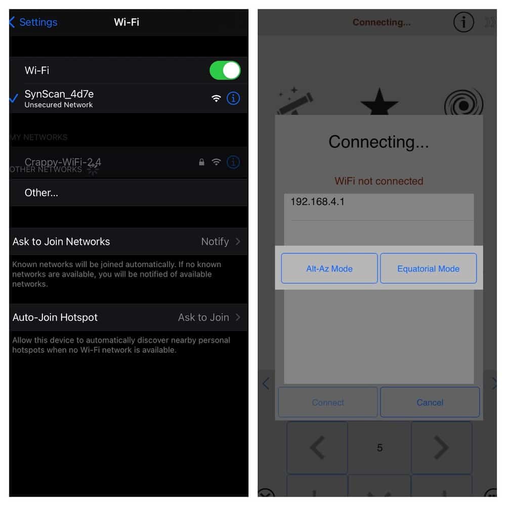 To control the Az-GTI, connect to the SynScan network it creates, fire up the Synscan Pro app and connect to the mount.